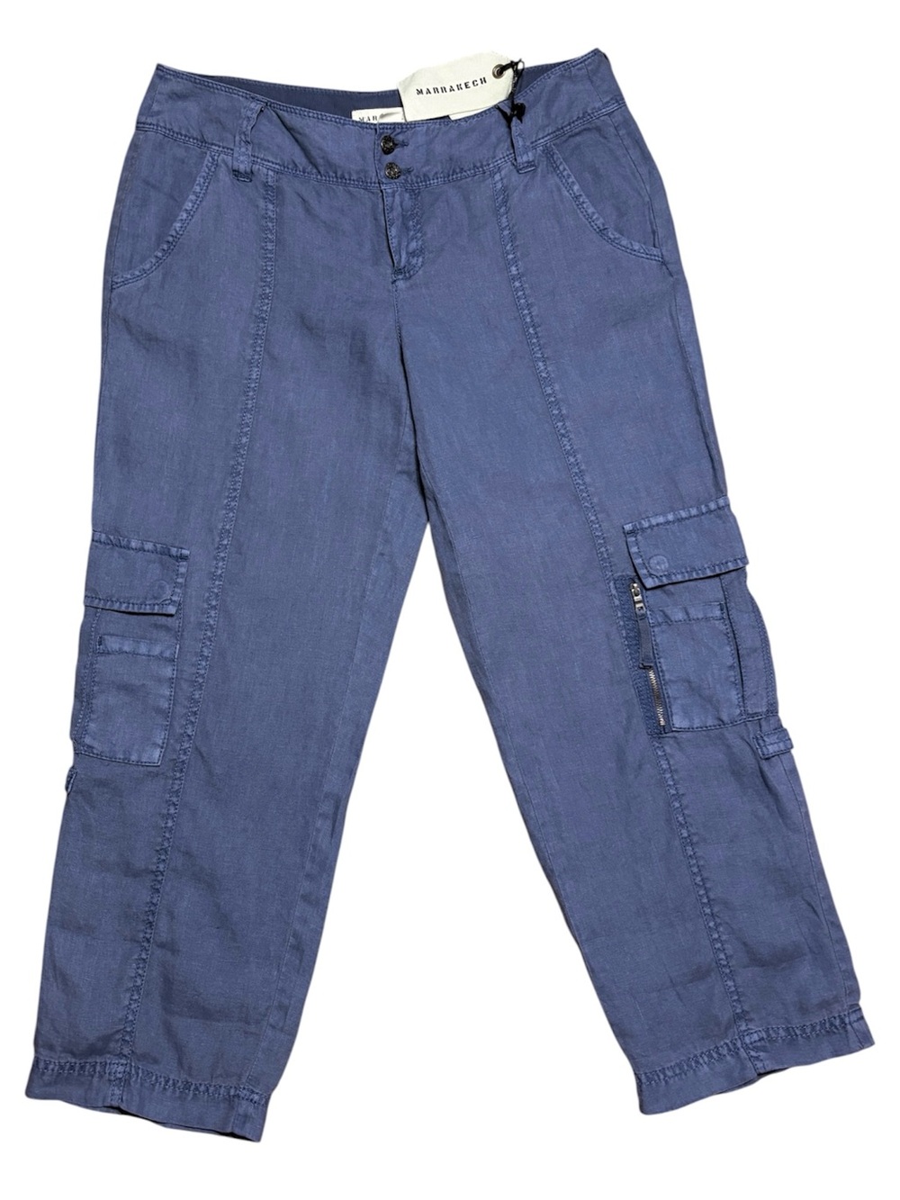 Anthropologie Marrakech 100% Linen Crop Cargo Pants NWT In Blue Sz 28